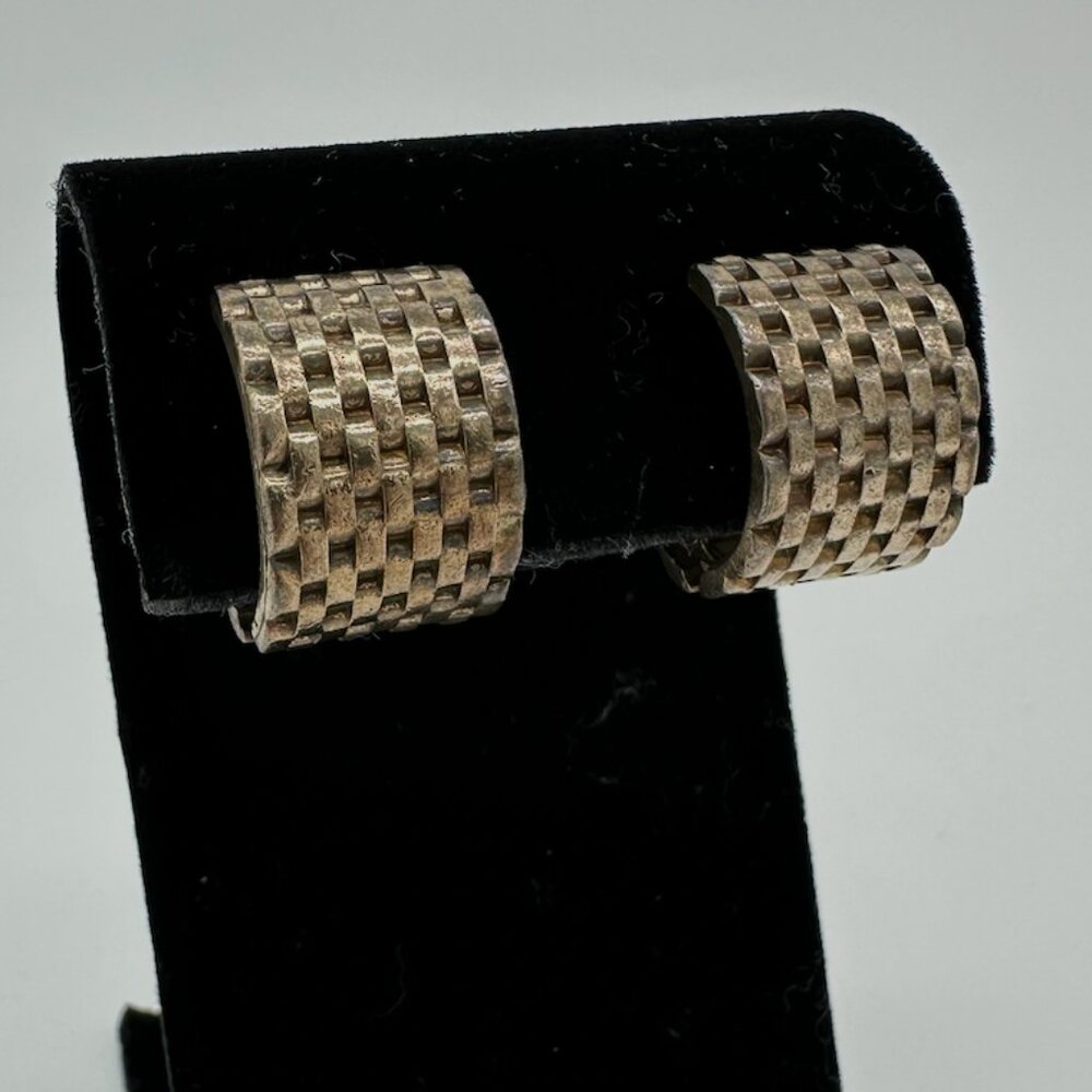 Vintage 1940s Kreisler Silver Basketweave Clip Earrings